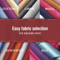 Easy fabric selection, and adjustable steam, fabric modes include cotton, linen, wool, synthetic, and silk