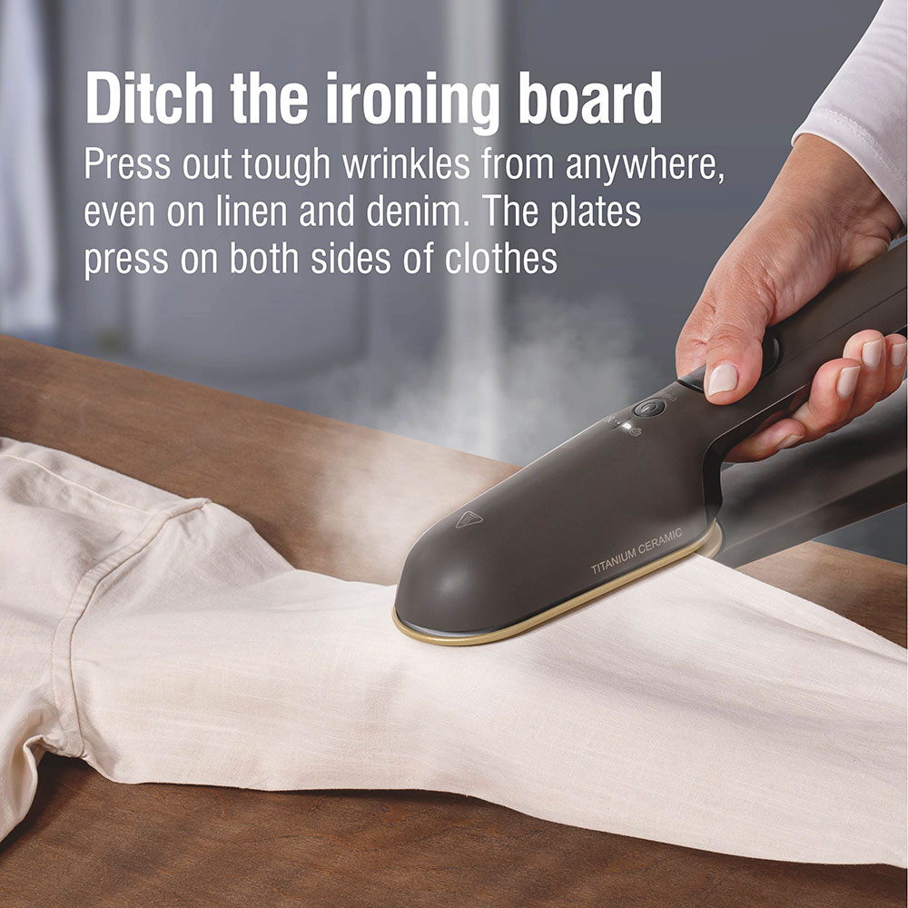 Ditch the ironing board, press out tough wrinkles from anywhere, even on linen and denim. The plates press on both sides of clothes