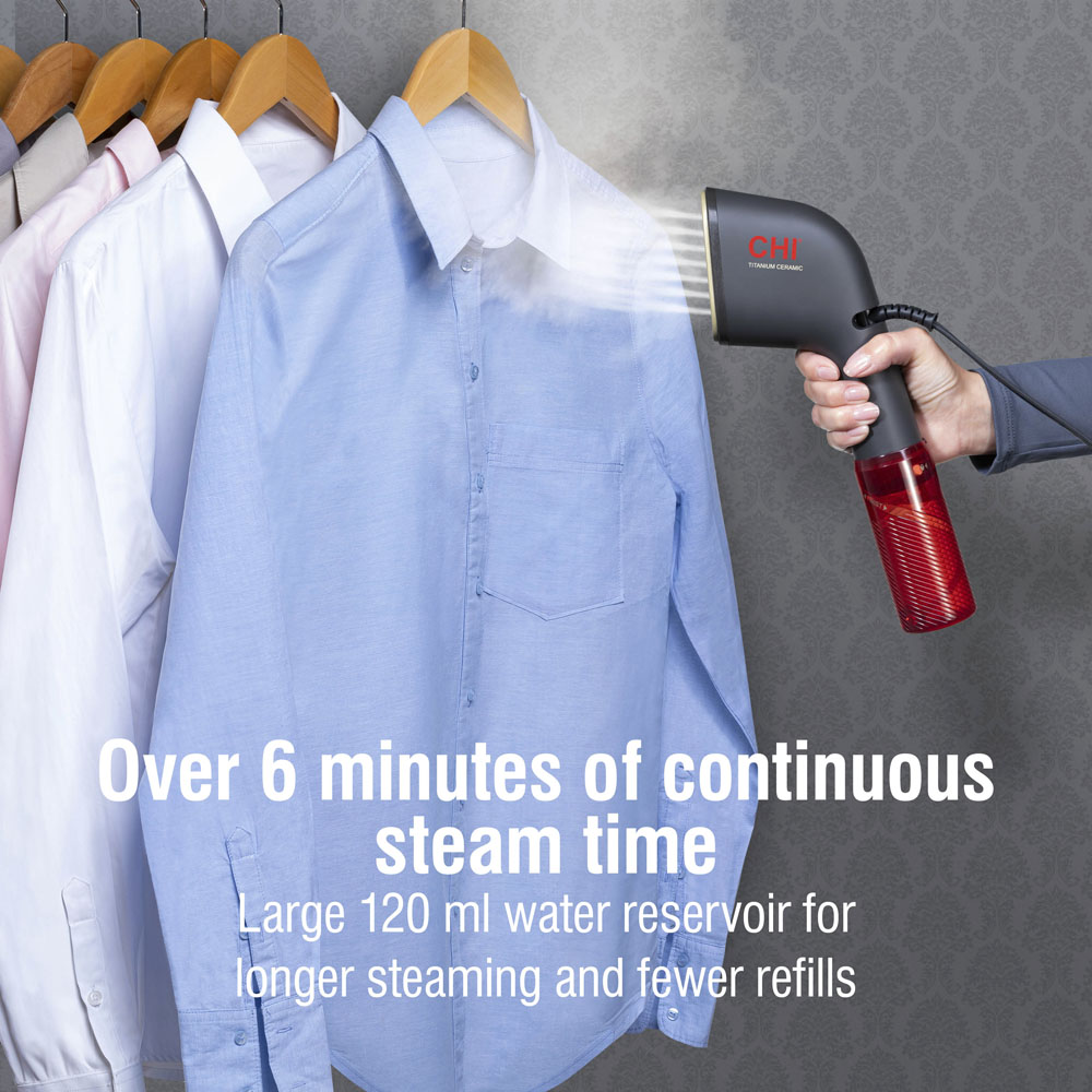 Over 6 minutes of continuous steam time, large 120 milliliter water reservoir for longer steaming and fewer refills