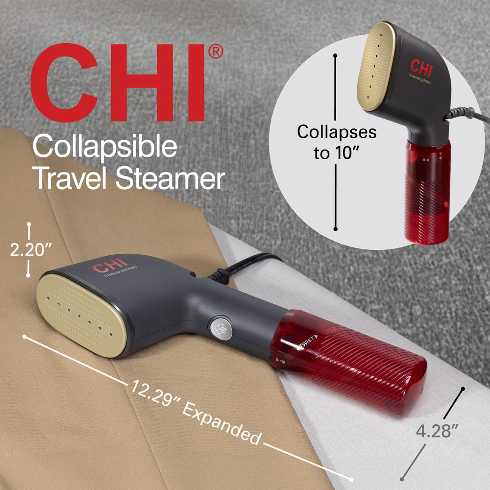 Steamer is 12.29 inches tall while expanded, 4.28 inches wide, and 2.2 inches deep