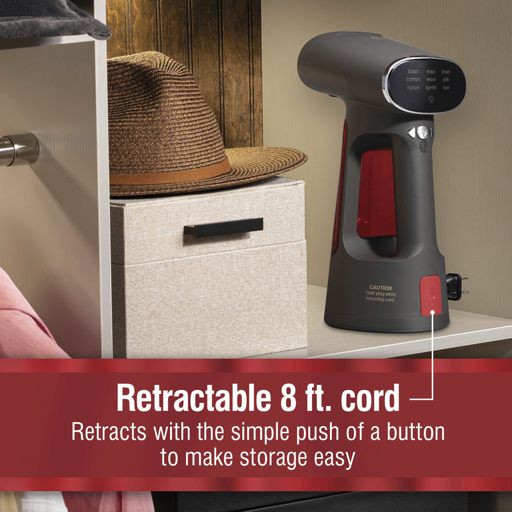 Retractable 8 foot cord, retracts with the simple push of a button to make storage easy