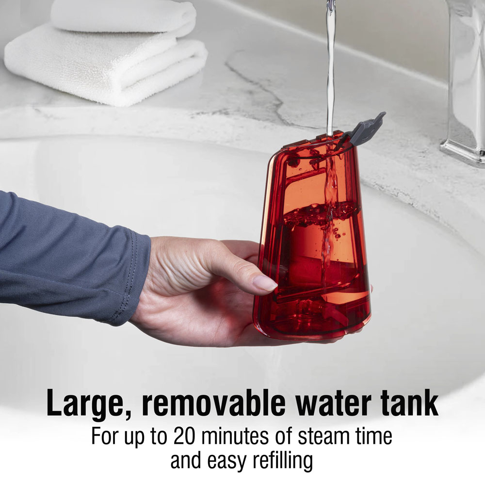 Large, removable water tank for up to 20 minutes of steam time and easy refilling