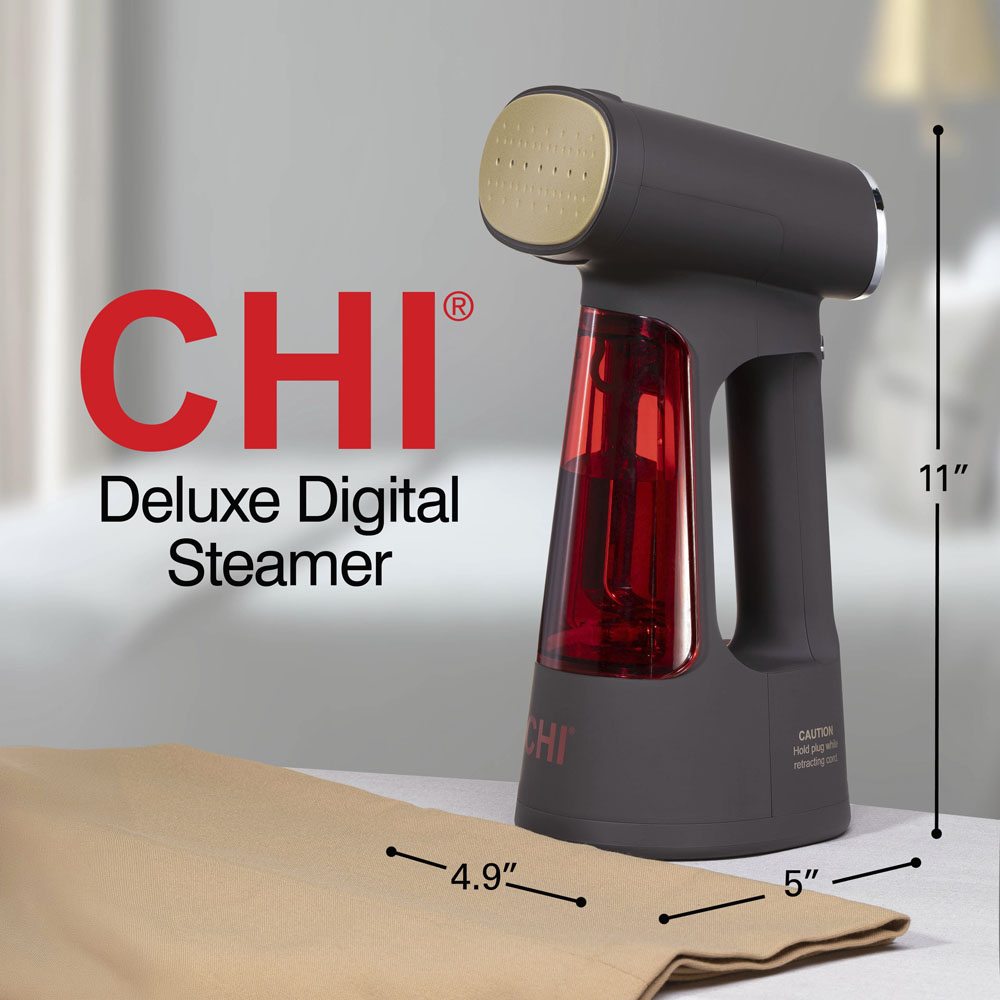 Steamer is 11 inches tall, 4.9 inches wide, and 5 inches deep