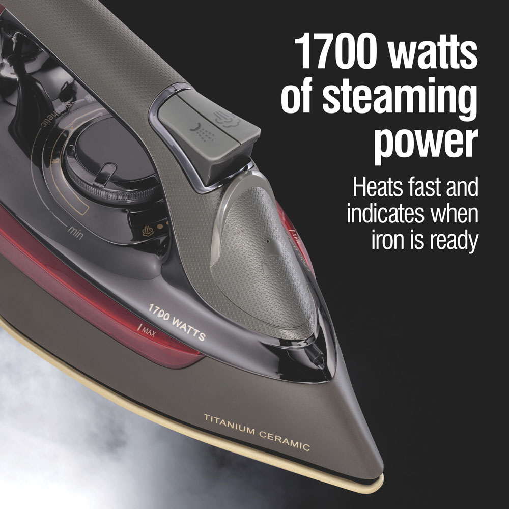 1700 Watts of steaming power, heats fast and indicates when iron is ready