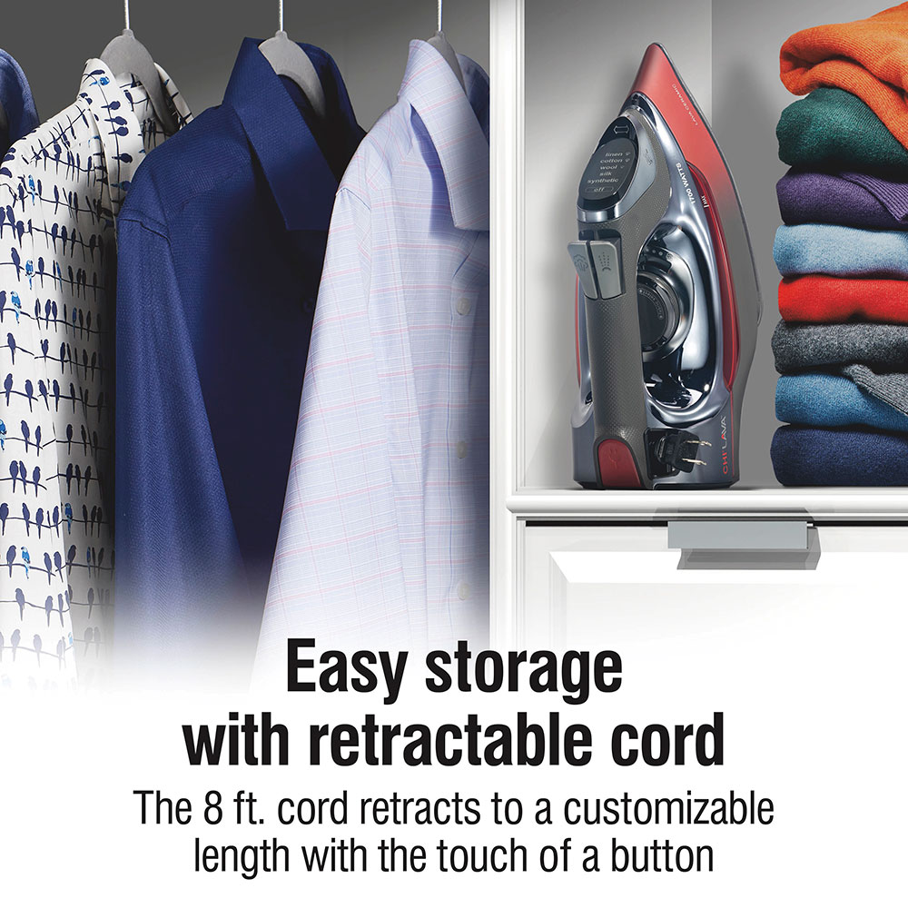 Easy storage with retractable cord, the 8 foot cord retracts to a customizable length with the touch of a button