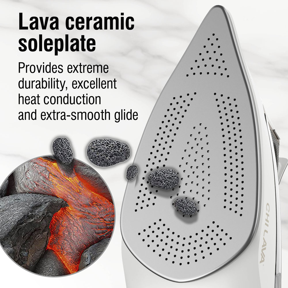 Lava ceramic soleplate provides extreme durability, excellent heat conduction, and extra-smooth glide