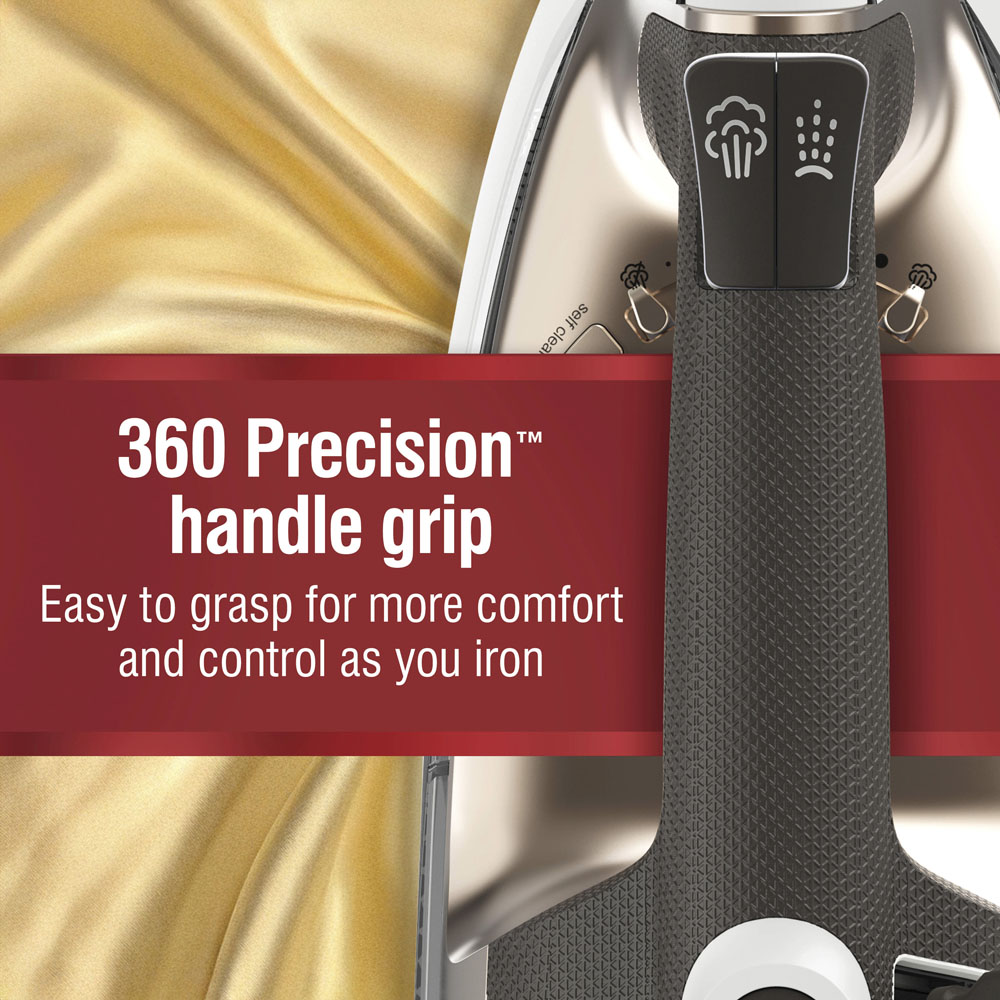 360 precision handle grip, easy to grasp for more comfort and control as you iron