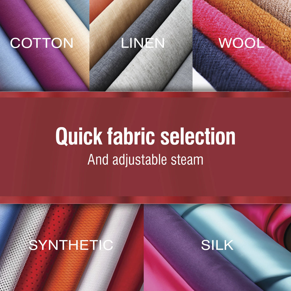Quick fabric selection and adjustable steam, for silk, cotton, linen, wool, and synthetic fabrics