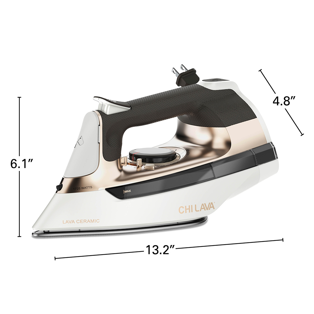 Iron dimensions are 6.1 inches tall, 13.2 inches wide, and 4.8 inches deep
