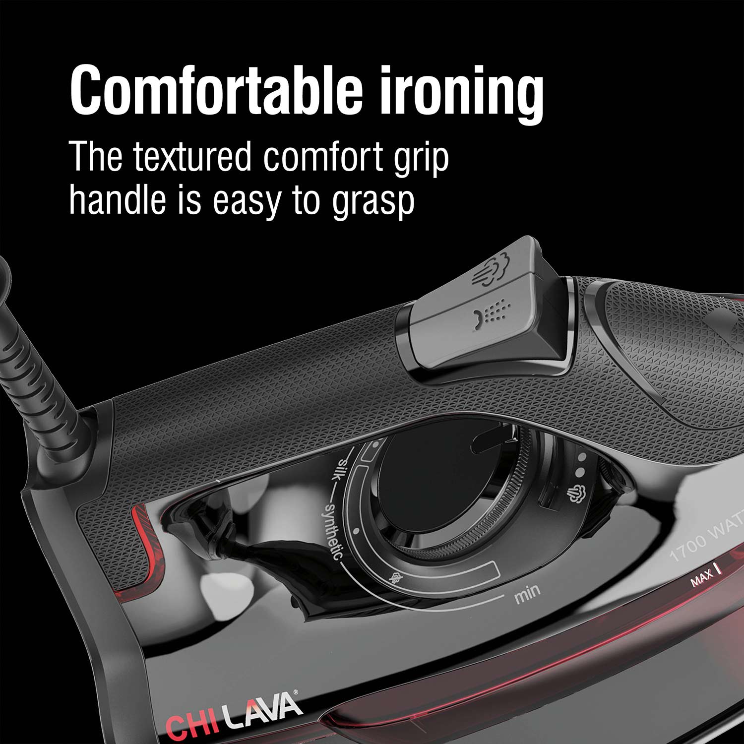 Comfortable ironing, the textured comfort grip handle is easy to grasp